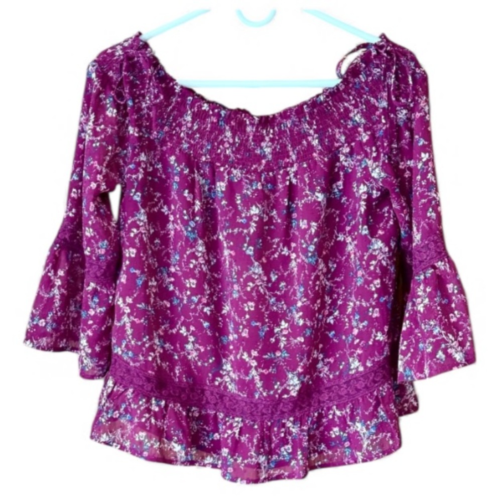 Skies Are Blue Floral Cold Shoulder Bardot Top Lace Bell Sleeve Small NWT Boho
